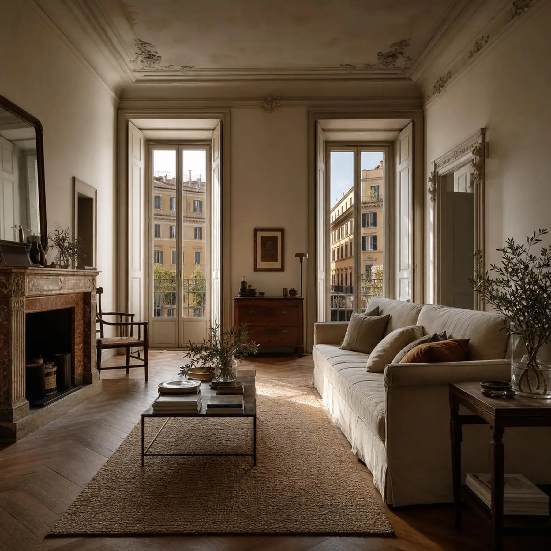 Illustrative Roman-style apartment living room with tall windows and a linen sofa